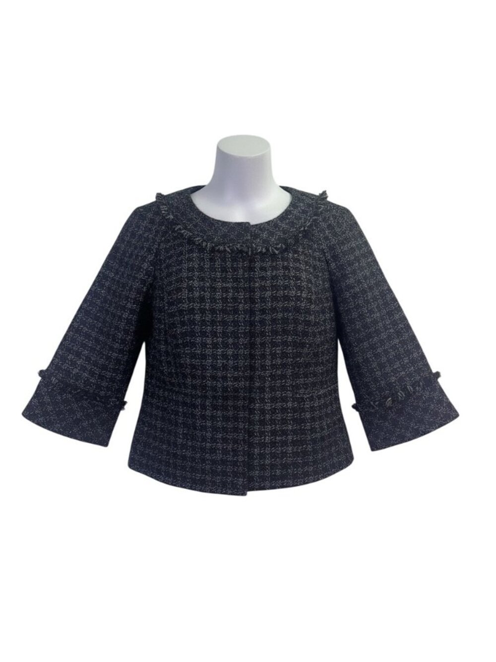 Ann Taylor Womens Black Italian Fabric Tweed Jacket  Frayed Details Size 4